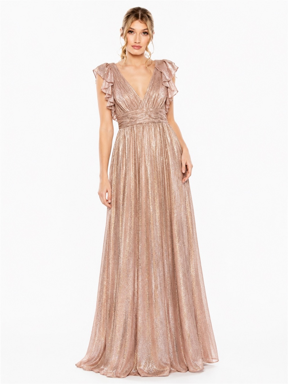 Mac Duggal Rose Gold Metallic Floral Ruffle Sleeve Ruched Maxi Dress Sz 12 READ